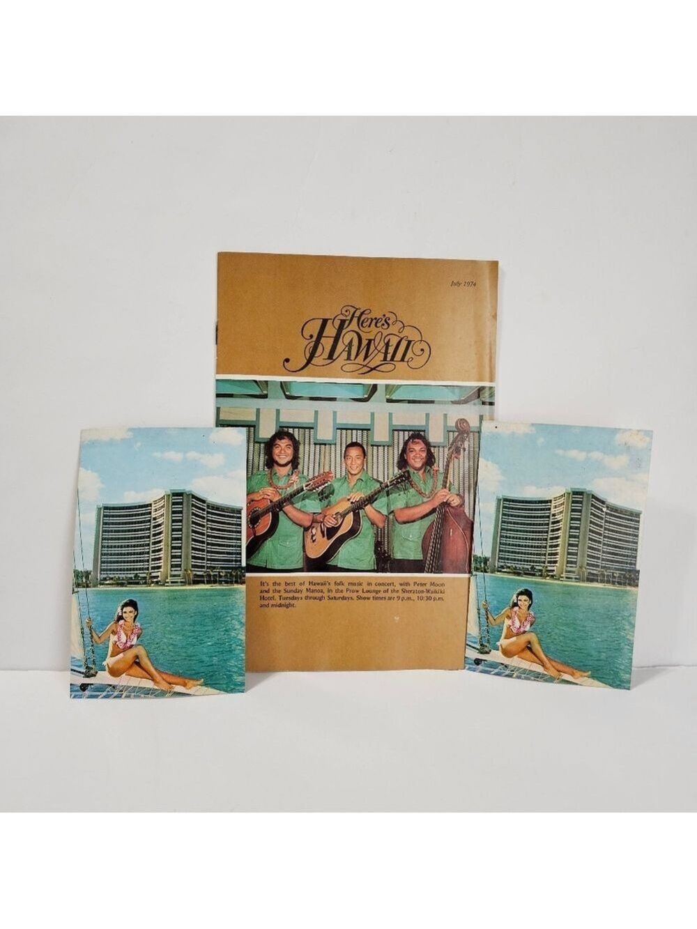 Vintage 70s HERE'S HAWAII Guide Souvenir Magazine Maps Peter Moon BONUS Postcard